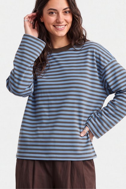 Kadın Çizgili %100 Pamuk Bisiklet Yaka Oversize Sweatshirt - Mavi 2