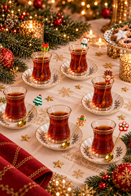 6'lı Yılbaşı Temalı Çay Kahve Kaşığı Seti Gold – Figürlü Paslanmaz Çelik Tatlı Kokteyl Kaşığı Yılbaşı Hediyelik Kaşık Takımı