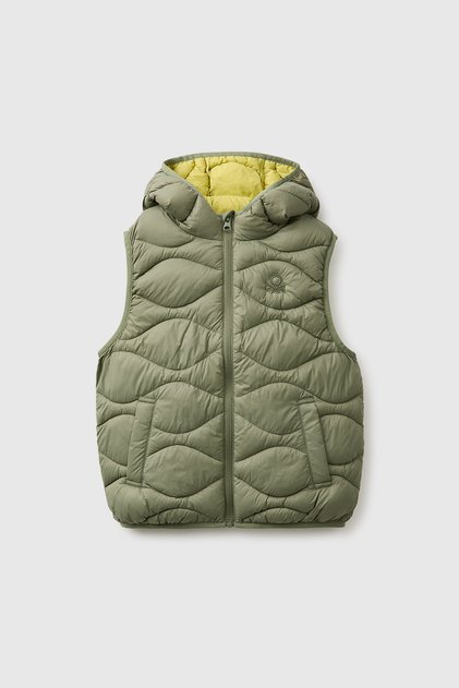 Boy's khaki puffer vest with hood and pockets
