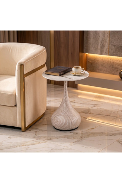 Round End Table Light Wood Color and White