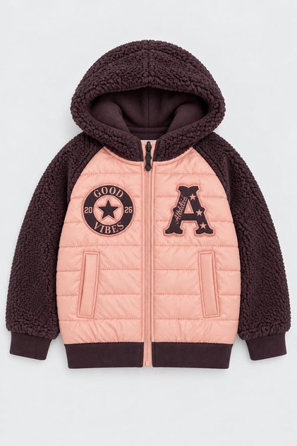 Girl's Quilted Plush Sleeve Hooded College Jacket
