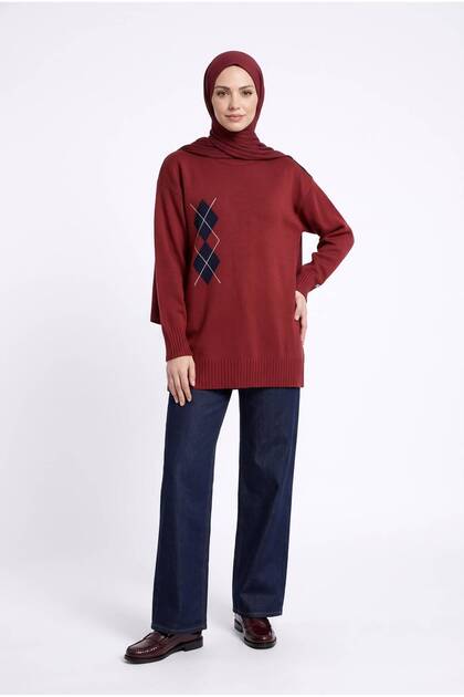 Plus Size Crew Neck Shoulder Detailed Patterned Cold Yarn Knitwear Tunic