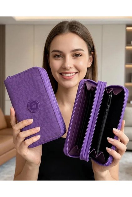 Women's Wallet 3 Purple Large Size Crinkle Multi-Compartment Double Zipper Card Holder with Phone Compartment