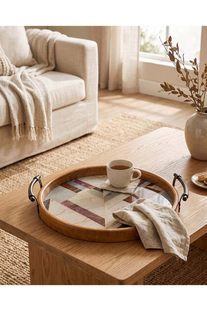 Natural And Gold Round Geometric Serving Tray 38.5x35cm