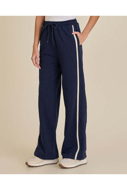 Senior Girls Navy Side-Stripe Wide-Leg Joggers