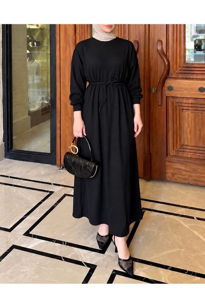 Crew Neck Slim Ribbed Dress - 2239 - Black (Es)