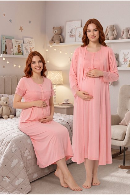 Women's Maternity 2-Piece Nightgown and Robe Set with Lace, Breastfeeding Compatible