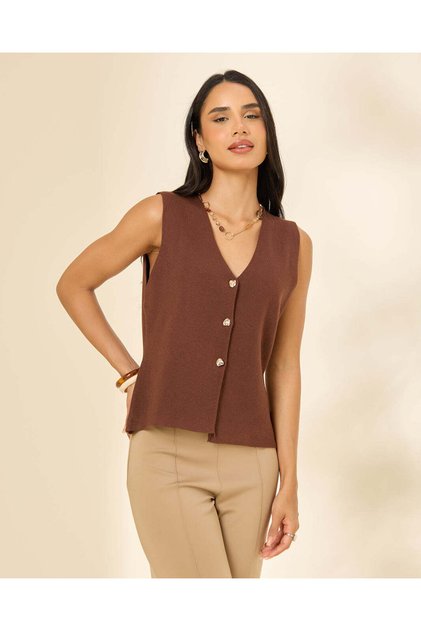 Women Brown Button-Front Vest