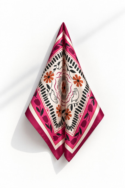Pink Floral Patterned Satin Scarf 50X50 cm – Stylish Women's Scarf with Silky Texture and Tulip and Bird Motifs