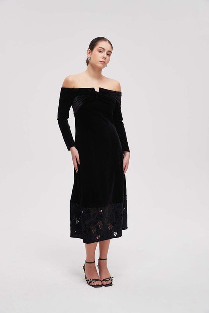Off Shoulder Eyelet Detail Midi Dress