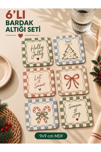 Set of 6 New Year's Themed Mdf Coasters 9X9 cm Decorative Coasters