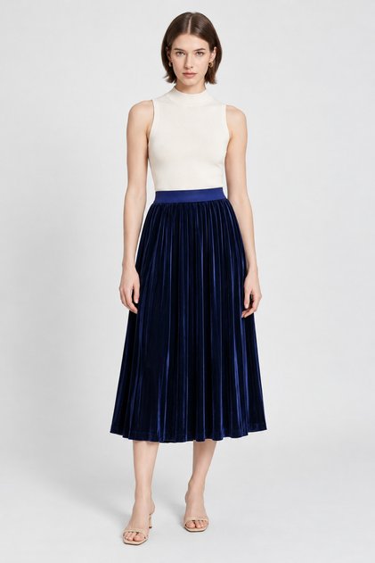 Pleated Velvet Midi Skirt with Elastic Waist
