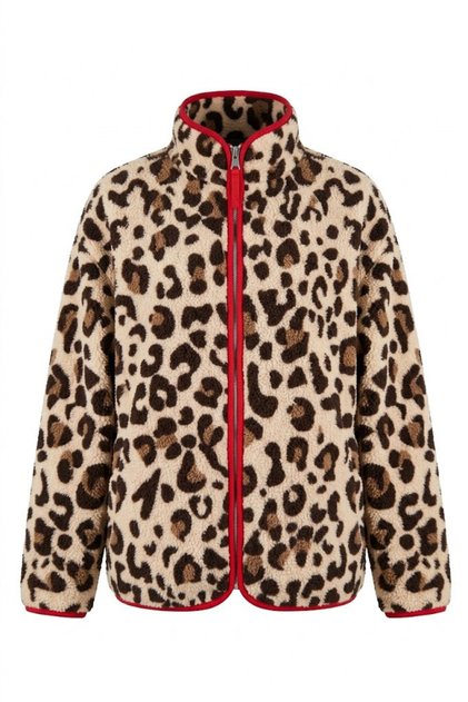 Red Piping Detail Leopard Pattern Zippered Jacket-Cream Cream