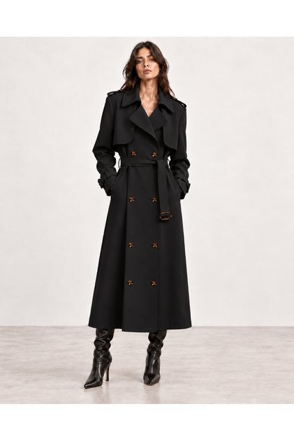 Women's Long Belted Double-Breasted Buttoned Classic Oversize Trench Coat with Cape Detail