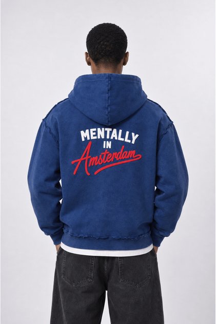 Men's Dirty Stitch Detailed Washable Oversize Hoodie Navy Blue