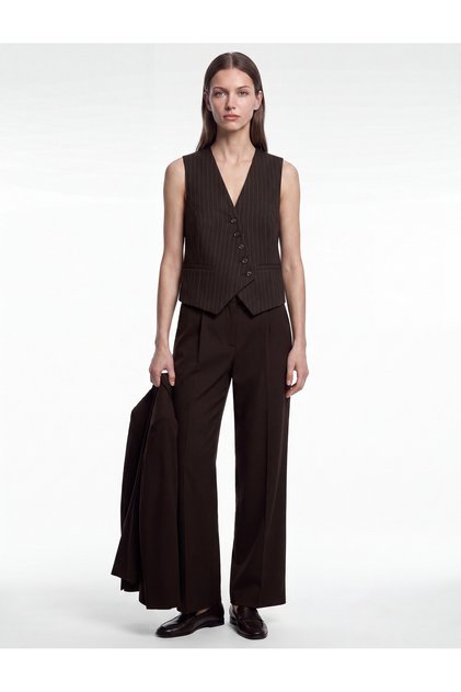 Women Brown Striped V-Neck Sleeveless Waistcoat