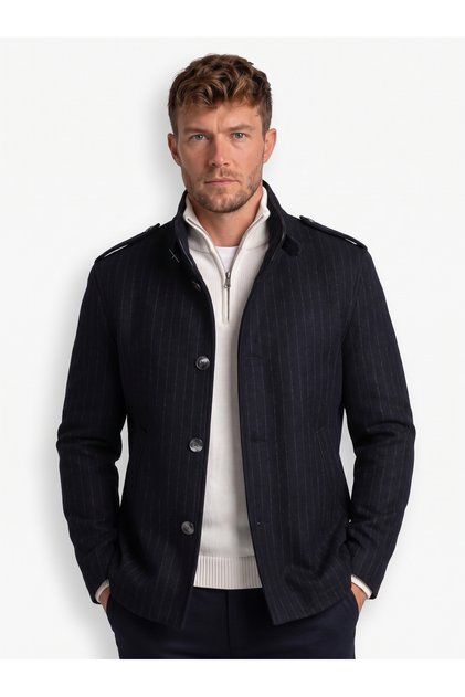 Navy Blue Classic Striped Epaulet Detailed Men's Wool Winter Coat