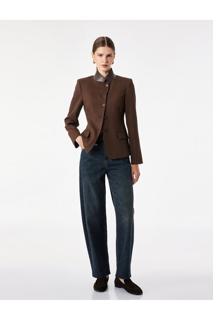 Women Brown Plain High Neck Long Sleeves Jacket