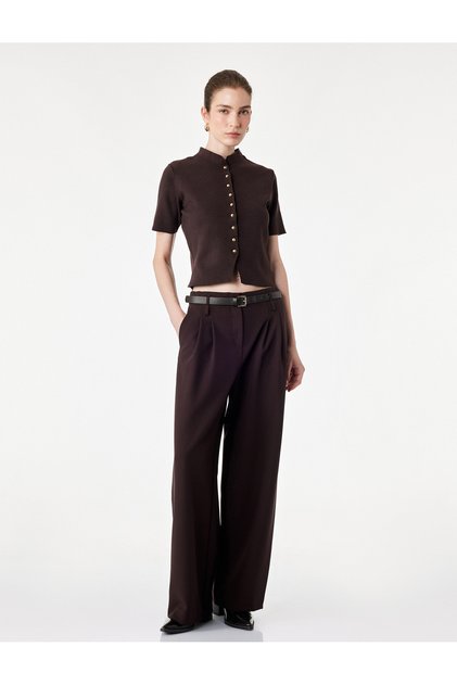 Women Brown Plain Mandarin Collar Short Sleeves Cardigan