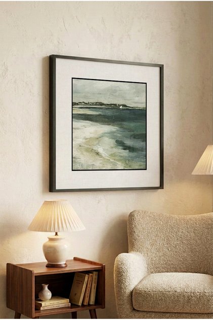 1 Piece Black Wooden Framed Square Wooden Painting with Sea and Coastline View - Home, Business and Office Decoration Painting
