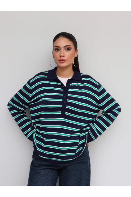 Half Buttoned Striped Knitwear Blouse