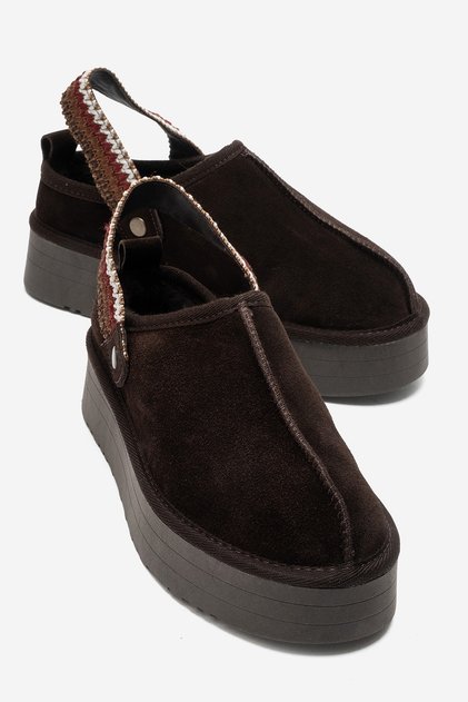 Foly Brown Suede Genuine Leather Women's Fur Slippers