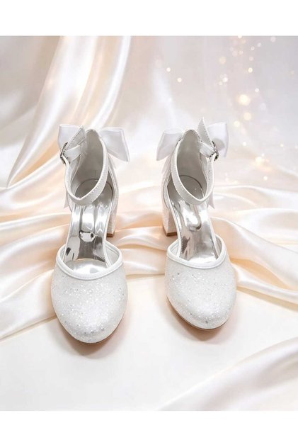 White Bow-Knot Girls' High-Heeled Shoes
