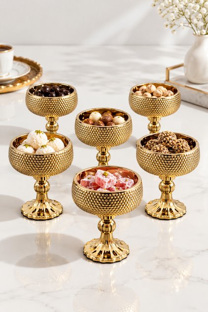 Set of 6 Gold Plated Glass Coffee Bowls with Turkish Delight for Breakfast 75ml