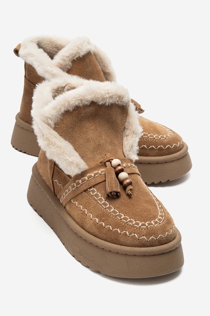 Sandy Tan Suede Genuine Leather Women's Boots with Fur and Tassels