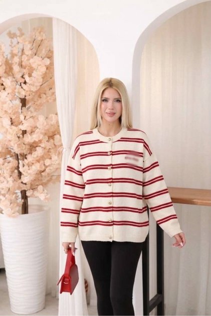 Mı Mu White-Red Striped Buttoned Knitwear Cardigan