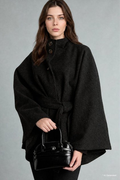 Belted Cape Sleeve Stand Collar Buttoned Cashmere Jacket I3467Ax26Au