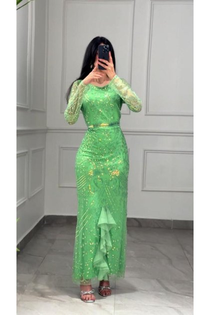 Sheath Evening Dress with Front Pleats Soft Green