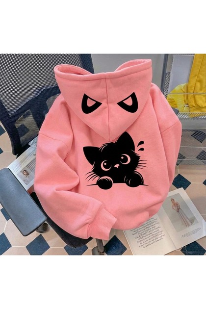 Cat Printed Pink Hooded Sweatshirt for Women