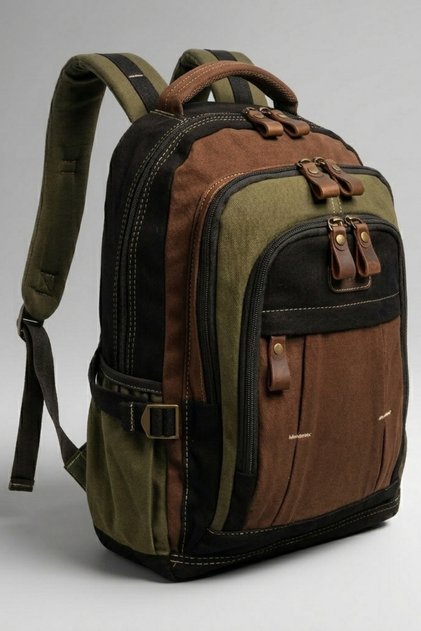 Green Black Brown Vintage Backpack, 15.6 Inch Computer Compartment, Large Volume Genuine Leather Detailed Cotton School and Travel Bag