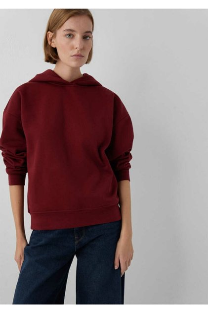 Kadin Bordo Kapüşonlu Basıc Sweatshırt Koyu Bordo Sweatshirt