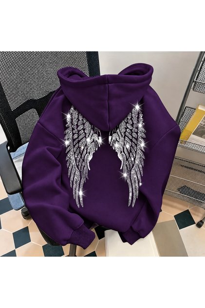 Unisex Wing Stone Printed 3 Thread Threaded Oversize Hooded Sweatshirt