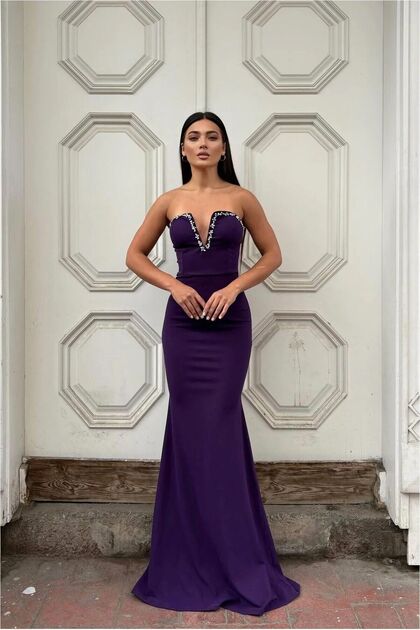 Crepe Fabric Cut Evening Dress Collar Fish V Dress · Color: Purple · Size: XL Bsk2026