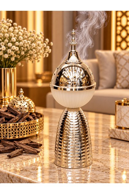 Silver Steel Incense Burner, White Glass, 30 cm High.