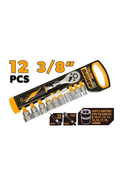 12-Piece 3/8 Inch Drive Ratchet Handle with Sockets Set CR-V Chrome Vanadium, Compact Metric Socket Kit with Comfort Grip Ratchet for Automotive Household Repair