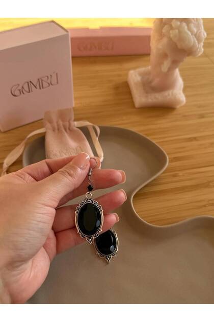 Silver Color Black Stone Victorian Style Women's Dangle Earrings
