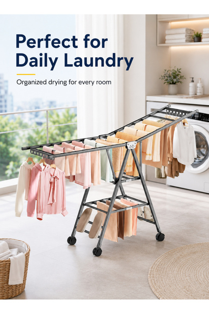 160cm 3-Tier Foldable Clothes Drying Rack, Expandable Steel Laundry Stand with Wheels, Indoor Outdoor Balcony Use