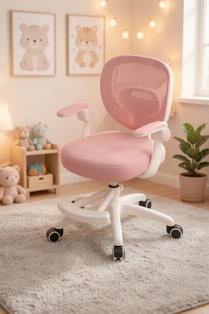 Pink Ergonomic Kids Desk Chair with Footrest, Adjustable Height Student Study Chair with Breathable Mesh Back, Rolling Computer Chair for Girls & Teens