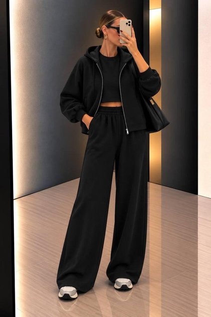 Women Oversize 3 Piece Tracksuit Set Hooded Zip up Jacket Crop Top and Palazzo Pants