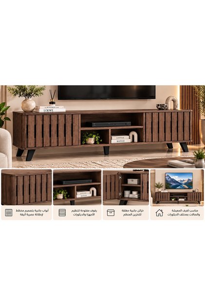 Modern Wood Tv Stand with Sleek Striped Side Doors Versatile Tv Unit with Closed Cabinets and Open Shelves for Organizing Electronics, Books, and Decor, Ideal for Living Rooms and Lounges