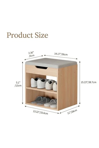 2-Tier Shoe Changing Bench, Natural Wood Entryway Storage Stool with Cushion, 36 x 28 x 38.7 cm, Cherry Oak