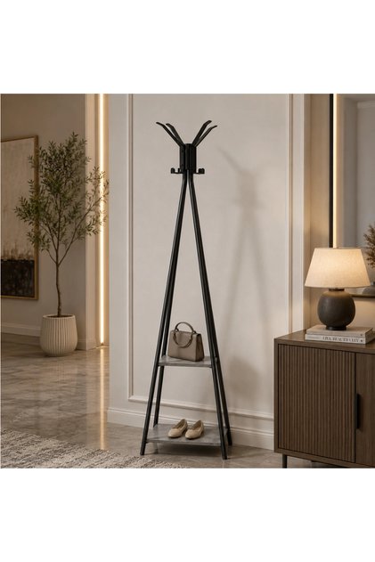 Black Vertical Clothes Rack with Gray Wooden Storage Shelves