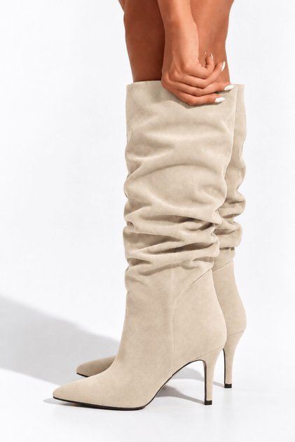 Zinnia Women's Beige Suede Bellows Pointed Toe Thin Heel Below the Knee Gathered Slouchy Boots 9 cm Heel