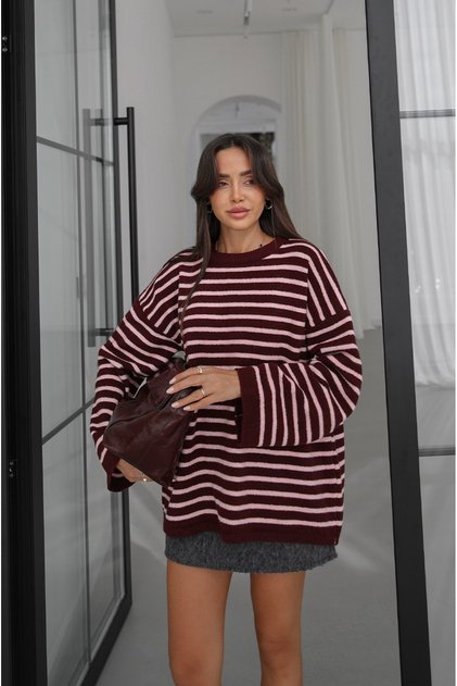 Burgundy Noyan Oversize Striped Knitwear Sweater