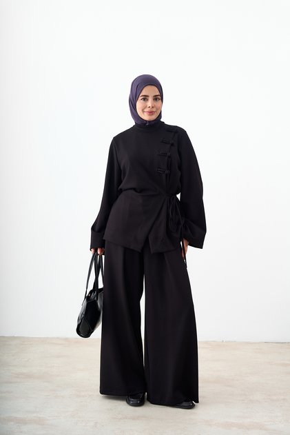 Women's Chinese Buttoned Stand Collar Suit Black