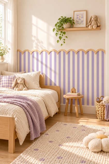 Purple Striped Wall Sticker + Self-Adhesive Wooden Border | Baby and Children's Room Wall Decoration